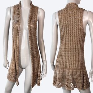 Gold Metallic Knit Open Front Sleeveless Crochet Boho Vest Womens M Fairy Grunge
